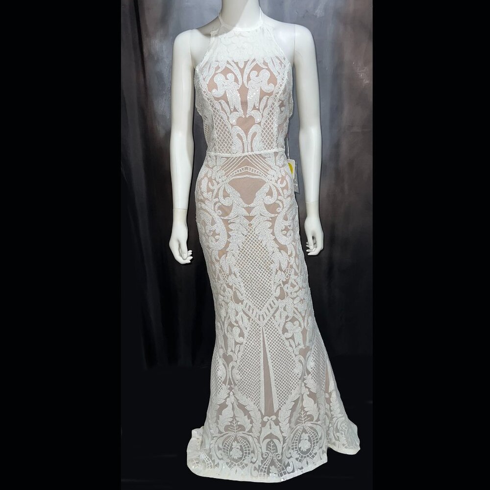 NWT Yissang Halter Floral Lace Sequined Mermaid Dress Gown, White, S+, Wedding